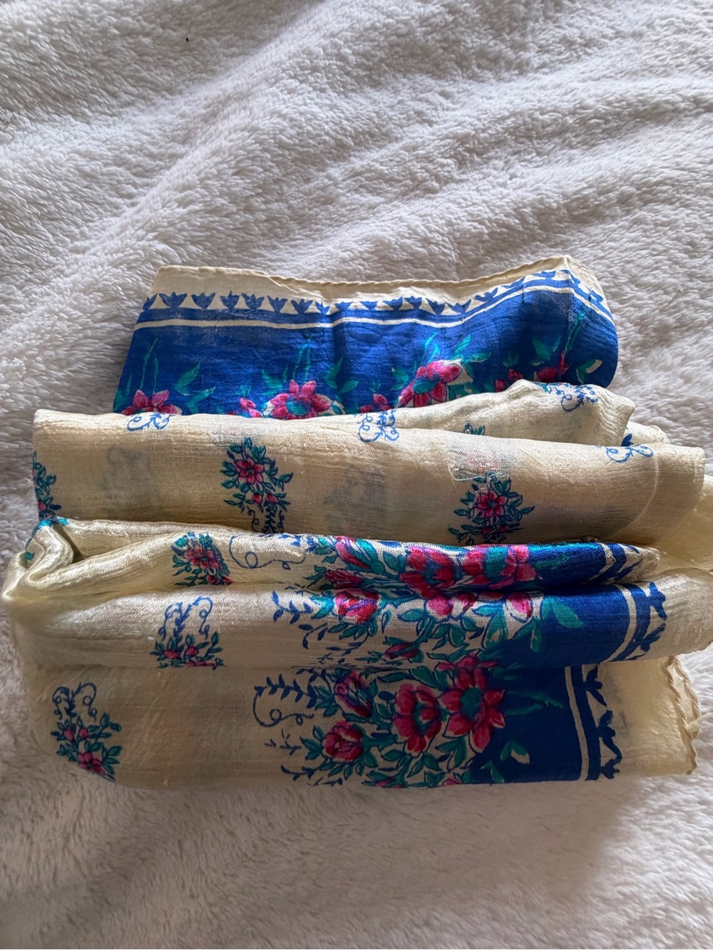Floral Blue and Cream Lightweight Silk Scarf
